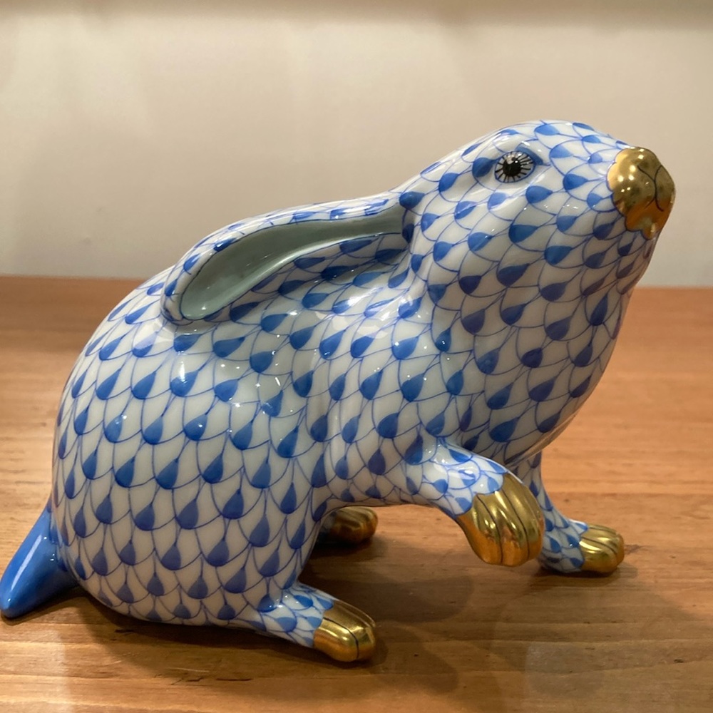 1990s Vintage Herend Blue Fishnet Bunny Rabbit
